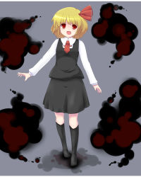 Rule 34 | 1girl, blonde hair, blush, coo (coonekocoo), fang, female focus, hair ribbon, highres, long sleeves, necktie, open mouth, red eyes, ribbon, rumia, short hair, solo, standing, touhou