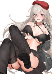 Rule 34 | 1girl, ass, beret, bikini, bikini under clothes, black bikini, black footwear, black thighhighs, blush, boots, braid, breasts, cleavage, coat, collarbone, criss-cross halter, crying, crying with eyes open, embarrassed, g36c (girls&#039; frontline), garter straps, girls&#039; frontline, grey coat, halterneck, hat, knee boots, knees up, large breasts, long hair, long sleeves, looking at viewer, navel, off shoulder, open clothes, open coat, open mouth, red eyes, red hat, shoe soles, shoukaki (earthean), side braid, silver hair, simple background, single bare shoulder, sitting, solo, sweat, swimsuit, tears, thighhighs, torn bikini, torn clothes, unaligned breasts, underboob, very long hair, white background