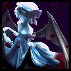 Rule 34 | 1girl, bare shoulders, bat wings, border, bow, collarbone, curtsey, dress, elbow gloves, female focus, gloves, hat, hat ribbon, highres, ishikkoro, night, pale skin, petals, red eyes, remilia scarlet, ribbon, short hair, skirt hold, solo, touhou, wings