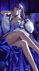 Rule 34 | 1girl, alternate hairstyle, artist name, bare legs, blue dress, breasts, bright pupils, cleavage, closed mouth, couch, crossed legs, dress, drop earrings, earrings, evening gown, feet out of frame, fur shawl, genshin impact, hand on own cheek, hand on own face, head rest, highres, jewelry, large breasts, legs, long dress, long hair, looking at viewer, necklace, night, night sky, on couch, plunging neckline, purple eyes, purple hair, raiden shogun, ringeko-chan, shawl, sky, solo, star (sky), starry sky, straight hair, window