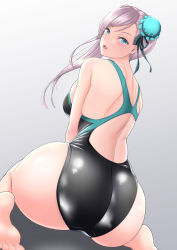 Rule 34 | 1girl, absurdres, ass, baban, bare shoulders, barefoot, blush, breasts, bun cover, fate/grand order, fate (series), from behind, green eyes, highres, huge ass, large breasts, looking at viewer, miyamoto musashi (fate), one-piece swimsuit, parted lips, ponytail, shiny clothes, shiny skin, sideboob, sitting, smile, solo, swimsuit, wariza