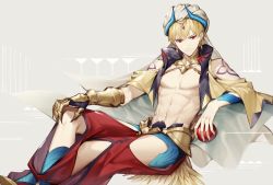 Rule 34 | 1boy, abs, apple, armor, blonde hair, cape, closed mouth, fate/grand order, fate (series), feet out of frame, food, fruit, gauntlets, gilgamesh (fate), gilgamesh (caster) (fate), gorget, grey background, hand on own knee, holding, holding food, holding fruit, horns, invisible chair, looking at viewer, male focus, navel, open pants, pants, red eyes, red pants, single gauntlet, sitting, smile, solo, turban, yue (kingdom1259)