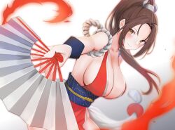 Rule 34 | 1girl, amane haruno, breasts, brown hair, cleavage, fatal fury, fire, hand fan, highres, large breasts, long hair, pelvic curtain, ponytail, shiranui mai, sideboob, sleeveless, the king of fighters