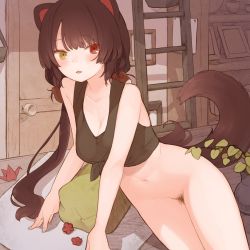 Rule 34 | 1girl, animal ears, arm support, bare arms, bare shoulders, blush, bottomless, breasts, brown hair, cleft of venus, collarbone, crop top, dog ears, dog girl, dog tail, door, fang, female pubic hair, heterochromia, highres, indoors, inui toko, ladder, leaning to the side, long hair, looking at viewer, low twintails, medium breasts, miyako (naotsugu), navel, nijisanji, parted lips, pillow, pubic hair, red eyes, shelf, sitting, sitting on table, skin fang, sleeveless, smile, solo, stomach, tail, tank top, thighs, twintails, vase, very long hair, virtual youtuber, yellow eyes