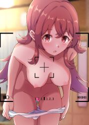 Rule 34 | 1girl, :o, battery indicator, blue panties, blurry, blush, breasts, changing room, collarbone, commentary, completely nude, ginmugi, groin, hair between eyes, hair flaps, hidden camera, highres, idolmaster, idolmaster shiny colors, indoors, komiya kaho, long hair, looking at viewer, medium breasts, nipples, nude, panties, recording, red eyes, red hair, sidelocks, solo, striped clothes, striped panties, symbol-only commentary, thighs, underwear