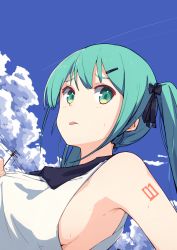 Rule 34 | 1girl, adjusting clothes, alternate costume, aqua eyes, armpits, bare shoulders, black ribbon, blue sky, blush, breasts, close-up, cloud, collared shirt, commentary, contrail, day, from below, hair ornament, hair ribbon, hairclip, hatsune miku, highres, hot, long hair, looking at viewer, outdoors, power lines, ribbon, shirt, sideboob, sky, sleeveless, sleeveless shirt, small breasts, solo, sweat, tattoo, tongue, tongue out, twintails, upper body, utility pole, vocaloid, white shirt, zhayin-san