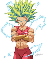 Rule 34 | 1girl, abs, absurdres, aqua eyes, armlet, artist name, bare arms, blonde hair, bracelet, bracer, breasts, collarbone, commentary, crop top, crossed arms, crosshatching, dragon ball, dragon ball super, earrings, eegiiartto, english commentary, eyelashes, fusion, green hair, hatching (texture), highres, jewelry, kefla (dragon ball), leggings, lightning, long bangs, looking to the side, medium breasts, midriff, muscular, muscular female, navel, open mouth, pants, potara earrings, red pants, red shirt, shirt, signature, simple background, sleeveless, solo, spiked hair, sports bra, standing, super saiyan, super saiyan 2, tank top, tight clothes, toned, upper body, v-shaped eyebrows, white background