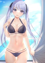 Rule 34 | 1girl, bikini, blush, breasts, cleavage, collarbone, cowboy shot, curtains, drop.b, fang, glass, highres, indoors, large breasts, medium breasts, navel, open mouth, original, pink eyes, purple hair, silver hair, swimsuit, twintails