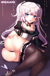 Rule 34 | 1girl, ass, ass grab, blue eyes, blush, breasts, cleavage, deep skin, elf, elsword, fang, highres, light purple hair, long hair, looking at viewer, luciela r. sourcream, lying, maid, maid headdress, on side, open mouth, papo, pointy ears, shiny skin, solo, tail, thighhighs, thong, twintails