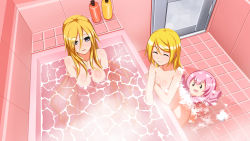 Rule 34 | 3girls, :d, ^ ^, age difference, arm support, bad id, bad pixiv id, barefoot, bath, bathing, bathroom, bathtub, black eyes, blonde hair, blue eyes, body blush, bottle, breasts, caustics, chibi, cleavage, closed eyes, convenient censoring, covering breasts, covering privates, door, eyes visible through hair, flat chest, foam, from above, grey eyes, hair between eyes, happy, highres, indoors, kagamine rin, kneeling, lily (vocaloid), long hair, megurine luka, multiple girls, nude, o o, open mouth, parted bangs, partially submerged, pink hair, revision, same-sex bathing, shared bathing, short hair, sitting, small breasts, smile, soap bubbles, sparkle, steam, steam censor, swept bangs, takoluka, tile floor, tiles, v arms, very long hair, vocaloid, washing, washing back, water, yakitori (oni)