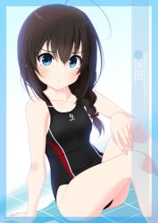 Rule 34 | 1girl, ahoge, artist name, black hair, black one-piece swimsuit, blue eyes, braid, character name, commentary request, competition swimsuit, feet out of frame, hair over shoulder, highres, inaba shiki, kantai collection, long hair, looking at viewer, multicolored clothes, multicolored swimsuit, one-piece swimsuit, shigure (kancolle), single braid, solo, swimsuit