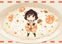 Rule 34 | 1girl, black socks, blush stickers, brown eyes, brown hair, brown hakama, carrot, commentary request, corn, food request, full body, hair between eyes, hair intakes, hair ribbon, hakama, hakama skirt, hinata yuu, ise (kancolle), japanese clothes, kantai collection, kneehighs, looking at viewer, mini person, minigirl, mushroom, nontraditional miko, ponytail, ribbon, rice, sandals, short hair, shrimp, sidelocks, sitting, sitting on food, skin tight, skirt, smile, socks, solo, undershirt
