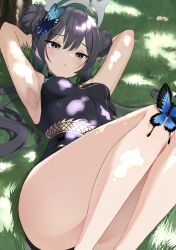 Rule 34 | 1girl, absurdres, armpits, arms up, bare arms, black dress, black hair, blue archive, bug, butterfly, butterfly hair ornament, china dress, chinese clothes, commentary request, double bun, dragon print, dress, feet out of frame, grey eyes, hair bun, hair ornament, halo, highres, insect, kisaki (blue archive), knees up, legs, long hair, looking at viewer, lying, on back, parted lips, print dress, puripuri, short dress, sleeveless, sleeveless dress, solo, triangle mouth, twintails