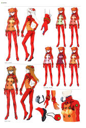Rule 34 | 1girl, absurdres, artbook, ass, blue eyes, bodysuit, breasts, brown hair, character sheet, cowboy shot, evangelion: 2.0 you can (not) advance, floating hair, full body, gloves, highres, long hair, multiple views, neon genesis evangelion, official art, plugsuit, rebuild of evangelion, red bodysuit, scan, see-through, see-through bodysuit, shiny clothes, signature, simple background, souryuu asuka langley, test plugsuit, two side up, very long hair, wide hips