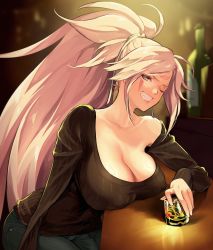 Rule 34 | 1girl, alcohol, amputee, baiken, bare shoulders, black sweater, blonde hair, bottle, breasts, cleavage, clenched teeth, collarbone, facial mark, glass, guilty gear, guilty gear xrd, highres, indoors, jako (toyprn), large breasts, long hair, long sleeves, looking at viewer, no bra, one eye closed, pink eyes, ponytail, ribbed sweater, scar, scar across eye, scar on face, sitting, smile, solo, sweater, teeth