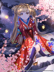 Rule 34 | 1girl, brown eyes, cherry blossoms, eternal wars, floral print, highres, japanese clothes, kimono, long hair, looking at viewer, official art, outdoors, puddle, rain, sitting, smile, stairs, sysen, twintails, watermark, web address