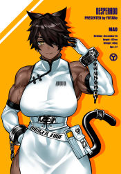 Rule 34 | 1girl, absurdres, animal ears, barcode, belt, belt pouch, black tail, breasts, broken, broken chain, brown eyes, brown hair, cat ears, cat tail, chain, character age, character name, character profile, china dress, chinese clothes, corset, covered abs, cuffs, dark-skinned female, dark skin, desperado (yotaro), dress, earrings, elbow gloves, english text, eyepatch, gloves, hair ears, hand on own hip, highres, jewelry, large breasts, looking at viewer, mao (yotaro), measurements, multiple belts, muscular, muscular female, narrow waist, one-eyed, orange background, pouch, revision, salute, shackles, short hair, side slit, sleeveless, sleeveless dress, slit pupils, solo, tail, tail ornament, tail ring, veins, white belt, white dress, white gloves, wide hips, yotaro
