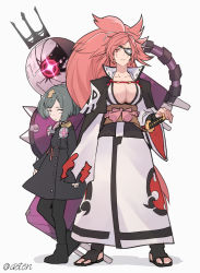 Rule 34 | 2girls, aoten (aoiroarekore), baiken, black footwear, brown eyes, closed mouth, collarbone, crack, crown, delilah (guilty gear), diffraction spikes, eyepatch, facial mark, glowing, glowing eye, green hair, grey background, guilty gear, guilty gear strive, hand on hilt, highres, katana, long hair, multiple girls, parted lips, ponytail, red eyes, red ribbon, ribbon, scabbard, scar, scar across eye, scar on face, screw, sheath, sheathed, short hair, simple background, sleeves past wrists, spikes, standing, sword, toeless footwear, torn, torn clothes, twitter username, weapon