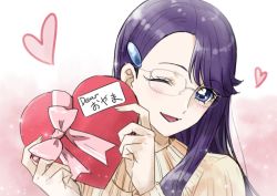 Rule 34 | 1girl, ;d, asymmetrical bangs, blue eyes, bow, box, glasses, hair ornament, hairclip, heart, heart-shaped box, heartcatch precure!, holding, holding box, long hair, long sleeves, looking at viewer, one eye closed, open mouth, pink bow, precure, purple hair, ribbed sweater, rimless eyewear, smile, solo, sweater, tsukikage oyama, tsukikage yuri, upper body, valentine, white background, yellow sweater