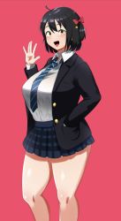 Rule 34 | 1girl, :d, bell, black hair, blazer, bow, hair bow, hand in pocket, hand up, highres, jacket, jingle bell, mole, mole on thigh, mole under eye, mole under mouth, necktie, oozon (ozon), open mouth, original, plaid, plaid skirt, red background, red bow, school uniform, short hair, simple background, skirt, smile, solo, standing