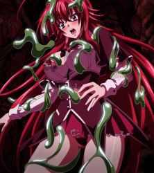 Rule 34 | 10s, 1girl, blue eyes, breasts, dress, covered erect nipples, female focus, high school dxd, highres, large breasts, long hair, red hair, rias gremory, slime, solo, torn clothes