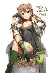 Rule 34 | 1girl, ahoge, anmi, asymmetrical legwear, bare shoulders, black footwear, blush, boots, bow, breasts, brown hair, camouflage, camouflage coat, character name, choker, cleavage, coat, collarbone, commentary request, controller, crossed legs, dated, double bun, dress, fishnet legwear, fishnets, fur-trimmed coat, fur trim, girls&#039; frontline, green eyes, green legwear, hair bow, hair bun, head tilt, holding, holding controller, horizontal-striped legwear, jacket, long hair, looking at viewer, medium breasts, off shoulder, open clothes, open coat, paint splatter, rfb (girls&#039; frontline), short dress, sidelocks, signature, simple background, sitting, smile, socks, solo, striped clothes, striped legwear, striped socks, uneven legwear, v, vertical-striped clothes, vertical-striped legwear, vertical-striped socks, white background