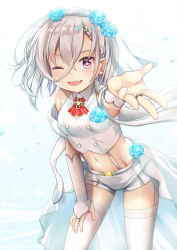Rule 34 | 1girl, ;d, ascot, azur lane, bare shoulders, blue flower, blue rose, blush, braid, breasts, bridal gauntlets, brown hair, commentary request, cross, fang, female focus, flower, garter straps, hair between eyes, hair flower, hair ornament, hand on leg, hand on own thigh, highres, iron cross, leaning forward, long hair, looking at viewer, midriff, navel, niiya, one eye closed, open mouth, outstretched arm, red ascot, rose, see-through, shirt, short shorts, shorts, sleeveless, sleeveless shirt, small breasts, smile, solo, thighhighs, veil, white shirt, white shorts, white thighhighs, z1 leberecht maass (azur lane)