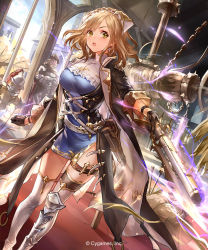 Rule 34 | 1girl, armor, asymmetrical legwear, black gloves, blonde hair, blue dress, breasts, colette (shingeki no bahamut), dress, dutch angle, floating hair, gloves, green eyes, gun, holding, holding gun, holding weapon, large breasts, liiko, magic, open mouth, shadowverse, shingeki no bahamut, short dress, solo focus, standing, thigh strap, thighhighs, uneven legwear, weapon, white background