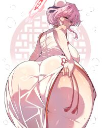 Rule 34 | 1girl, absurdres, ass, ass focus, bent over, blue archive, breasts, bun cover, china dress, chinese clothes, closed mouth, commentary request, double bun, dress, from behind, hair bun, halo, highres, large breasts, looking at viewer, looking back, official alternate costume, pink hair, red halo, short hair, sleeveless, sleeveless dress, smile, solo, sweat, tomoe (blue archive), tomoe (qipao) (blue archive), wakura (gcdan), white background, white dress