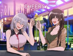 Rule 34 | 2girls, alcohol, bar (place), beer, beer mug, black hair, blush, breasts, cleavage, commentary request, cup, drunk, english text, closed eyes, girls&#039; frontline, korean commentary, large breasts, m16a1 (girls&#039; frontline), mmm (ji1945), mug, multiple girls, necktie, silver hair, sleeveless, thompson (girls&#039; frontline), toasting (gesture)