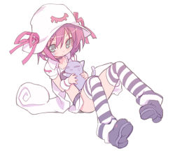 Rule 34 | 1girl, :3, bad id, bad pixiv id, blade (galaxist), blue eyes, cat, hat, merry nightmare, pink hair, sitting, socks, solo, striped clothes, striped socks, striped thighhighs, thighhighs, yumekui merry