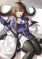 Rule 34 | 1girl, absurdres, arknights, black pantyhose, blue shirt, brown hair, coat, commentary, cow horns, feet out of frame, finger to mouth, flower, flower on head, gloves, green eyes, grey background, hair between eyes, hair tubes, highres, holding, holding staff, horns, looking at viewer, off shoulder, pallas (arknights), pantyhose, parted lips, purple gloves, roina (effj7473), shadow, shirt, short hair with long locks, skirt, solo, staff, white coat, white skirt