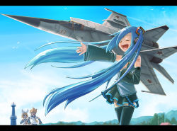 Rule 34 | 1boy, 2girls, aircraft, airplane, blue hair, brother and sister, closed eyes, fighter jet, hatsune miku, jet, kagamine len, kagamine rin, mig-25, military, military vehicle, multiple girls, nakune, russia, siblings, soviet, thighhighs, twins, twintails, vehicle focus, vocaloid