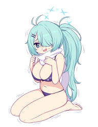 Rule 34 | 1girl, antenna hair, aqua hair, barefoot, bikini, black bikini, blue archive, blue eyes, blush, breasts, chan co, cleavage, cold, hair ornament, hair over one eye, hairclip, halo, highres, hiyori (blue archive), large breasts, long hair, open mouth, ponytail, runny nose, scarf, side ponytail, simple background, sitting, snot, solo, swimsuit, trembling, very long hair, white background, white scarf