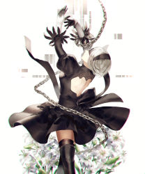 Rule 34 | 1girl, arms up, back cutout, black dress, black footwear, black hairband, blindfold, boots, breasts, chain, closed mouth, clothing cutout, covered eyes, cowboy shot, dress, feather-trimmed sleeves, flower, from behind, hairband, highres, juliet sleeves, long sleeves, looking up, medium breasts, nier (series), nier:automata, puffy sleeves, silver hair, solo, sunakumo, thigh boots, thighhighs, thighhighs under boots, vambraces, 2b (nier:automata)