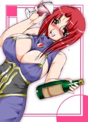 Rule 34 | 00s, 1girl, alcohol, blush, bottle, breasts, cleavage, cleavage cutout, clothing cutout, dutch angle, forte stollen, galaxy angel, green eyes, large breasts, looking at viewer, monocle, no bra, open mouth, red hair, smile, solo