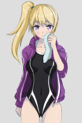 Rule 34 | 1girl, bad id, bad nicoseiga id, blonde hair, blush, competition swimsuit, covered navel, cowboy shot, grey background, highres, jacket, long hair, looking at viewer, one-piece swimsuit, open clothes, open jacket, phantasy star, phantasy star online 2, purple eyes, r n (kisaragiyurii), side ponytail, simple background, solo, swimsuit, towel, track jacket