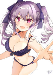 Rule 34 | 1girl, absurdres, alternate breast size, bare shoulders, blush, bra, breasts, cleavage, cowboy shot, drill hair, grey hair, hair ribbon, highres, idolmaster, idolmaster cinderella girls, kanzaki ranko, large breasts, long hair, looking at viewer, nenobi (nenorium), open mouth, panties, purple bra, purple panties, purple ribbon, reaching, reaching towards viewer, red eyes, ribbon, sidelocks, signature, simple background, smile, solo, symbol-shaped pupils, twin drills, twintails, underwear, underwear only, white background