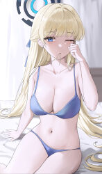 Rule 34 | 1girl, absurdres, bed, bedroom, bikini, blonde hair, blue archive, blue bikini, blue eyes, breasts, collarbone, curtains, hair in own mouth, halo, highres, large breasts, long hair, looking at viewer, navel, on bed, one eye closed, sitting, solo, stomach, swimsuit, thighs, toki (blue archive), very long hair, xu wen (bbb2822828)