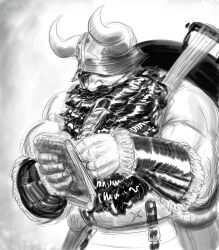 Rule 34 | 1boy, absurdres, alternate muscle size, beard, biceps, big nose, cowboy shot, dungeon meshi, dwarf, facial hair, fake horns, greyscale, hat over one eye, helmet, highres, holding, holding notebook, horned helmet, horns, jackie skelly, long beard, male focus, mature male, monochrome, muscular, muscular male, notebook, realistic, senshi (dungeon meshi), sketch, solo, standing, thick mustache, tsurime, very long beard, writing