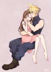 Rule 34 | 1boy, 1girl, aerith gainsborough, arm around waist, artist name, baggy pants, bare arms, barefoot, blonde hair, blue eyes, blue pants, blue shirt, blush, boots, breasts, brown footwear, brown hair, closed eyes, cloud strife, couple, dated, dress, earrings, final fantasy, final fantasy vii, full body, hair between eyes, hair down, hand on another&#039;s cheek, hand on another&#039;s face, holding hands, jewelry, krudears, long dress, long hair, looking at another, pants, parted bangs, pink background, pink dress, shirt, short hair, sidelocks, single earring, sitting, sitting on lap, sitting on person, sleeveless, sleeveless turtleneck, spiked hair, strap slip, turtleneck, wavy hair