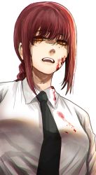 Rule 34 | 1girl, black necktie, blood, blood on clothes, blood on face, braid, braided ponytail, breasts, chainsaw man, chromatic aberration, collared shirt, commentary, eyelashes, film grain, from below, hair between eyes, highres, hoshi san 3, looking at viewer, makima (chainsaw man), medium breasts, medium hair, necktie, open mouth, orange eyes, red hair, ringed eyes, shirt, simple background, solo, teeth, upper body, white background, white shirt, wing collar