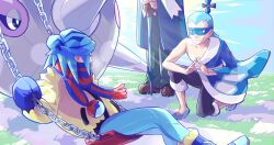 Rule 34 | 3boys, blue coat, blue footwear, blue hair, blue mittens, blue scarf, boots, brown footwear, brycen (pokemon), cane, cetitan, closed mouth, coat, commentary request, creatures (company), ffccll, game freak, green pants, grusha (pokemon), highres, holding, holding cane, jacket, male focus, mittens, multiple boys, nintendo, on one knee, pants, pokemon, pokemon (creature), pokemon bw, pokemon hgss, pokemon sv, pryce (pokemon), scarf, shoes, single sleeve, smile, standing, striped clothes, striped scarf, swing, white scarf, yellow jacket