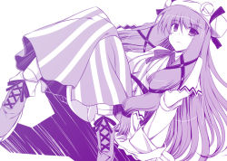 Rule 34 | 1girl, alternate hairstyle, bad id, bad pixiv id, blush, boots, bow, capelet, crescent, crescent hat ornament, cross-laced footwear, dress, female focus, hair ribbon, hat, hat ornament, ibuki pon, long hair, long sleeves, looking at viewer, monochrome, panties, pantyshot, patchouli knowledge, purple theme, ribbon, simple background, sitting, socks, solo, striped clothes, striped dress, touhou, underwear, very long hair, white background