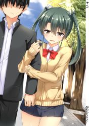 Rule 34 | 10s, 1boy, 1girl, annoyed, arm grab, arm hug, black hair, black skirt, blouse, blue sky, blush, bow, bowtie, brown eyes, cardigan, cloud, commentary request, day, faceless, faceless male, green hair, hair between eyes, hino (2nd life), kantai collection, long hair, long sleeves, looking at another, miniskirt, outdoors, park, pleated skirt, red bow, red bowtie, school uniform, shirt, skirt, sky, thighs, tree, twintails, twitter username, walking, white shirt, zuikaku (kancolle)
