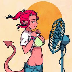 Rule 34 | 1girl, akairiot, bra, breasts, cleavage, clothes lift, denim, earrings, hair ornament, hand fan, horns, jewelry, large breasts, navel, oni, original, parted lips, pointy ears, ponytail, red hair, red skirt, sewing, shirt lift, skirt, solo, sweat, tail, underwear