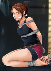 Rule 34 | 2girls, annoyed, barefoot, bike shorts, black tank top, blue eyes, bound, bound ankles, bound torso, bound wrists, breasts, brown hair, capcom, claire redfield, cleave gag, cloth gag, feet, gag, gagged, highres, improvised gag, jewelry, legs, looking down, lost one zero, multiple girls, nail polish, necklace, resident evil, resident evil 2, seiza, shirt, shorts, sitting, sleeveless, sleeveless shirt, solo, tank top, tape, thighs, tickling