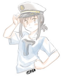 Rule 34 | 1girl, admiral (kancolle), alternate costume, artist name, blush, brown eyes, brown hair, collarbone, contrapposto, ergot, frown, fubuki (kancolle), hand on headwear, hand on own hip, hat, kantai collection, looking at viewer, low ponytail, peaked cap, shirt, short ponytail, simple background, sketch, solo, t-shirt, white background