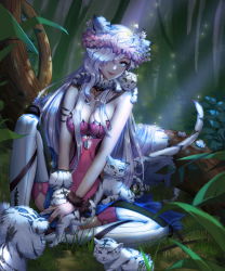 Rule 34 | 1girl, animal, animal ears, animal on lap, armlet, blue eyes, boots, breasts, cleavage, closed mouth, dark, detached collar, flower, forest, fur trim, glint, grass, hair over one eye, head wreath, highres, jewelry, knee up, large breasts, long hair, looking at viewer, nature, necklace, on ground, on lap, one eye covered, original, pendant, petals, pink flower, qi kou, sitting, smile, solo, sparkle, strapless, tail, thigh boots, thighhighs, tiger, tiger cub, tiger ears, tiger tail, tree, very long hair, white footwear, white hair, white tiger, wrist cuffs