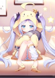 Rule 34 | 1girl, :t, ahoge, azur lane, black bow, bloomers, blue eyes, blush, bow, closed mouth, commentary request, couch, crown, hair bow, hair ornament, hair ribbon, hair through headwear, highres, hood, hood up, hooded jacket, jacket, jupiter (azur lane), jupiter (fanclub sleepover) (azur lane), knees together feet apart, knees up, kokone (coconeeeco), letterboxed, long hair, long sleeves, looking at viewer, mini crown, hugging object, on couch, parted bangs, pillow, puffy long sleeves, puffy sleeves, purple hair, rabbit hair ornament, ribbon, shoe dangle, signature, sitting, sleeves past wrists, slippers, solo, star (symbol), stuffed torpedo, tilted headwear, twintails, underwear, very long hair, white bloomers, white legwear, white ribbon, yellow footwear, yellow jacket
